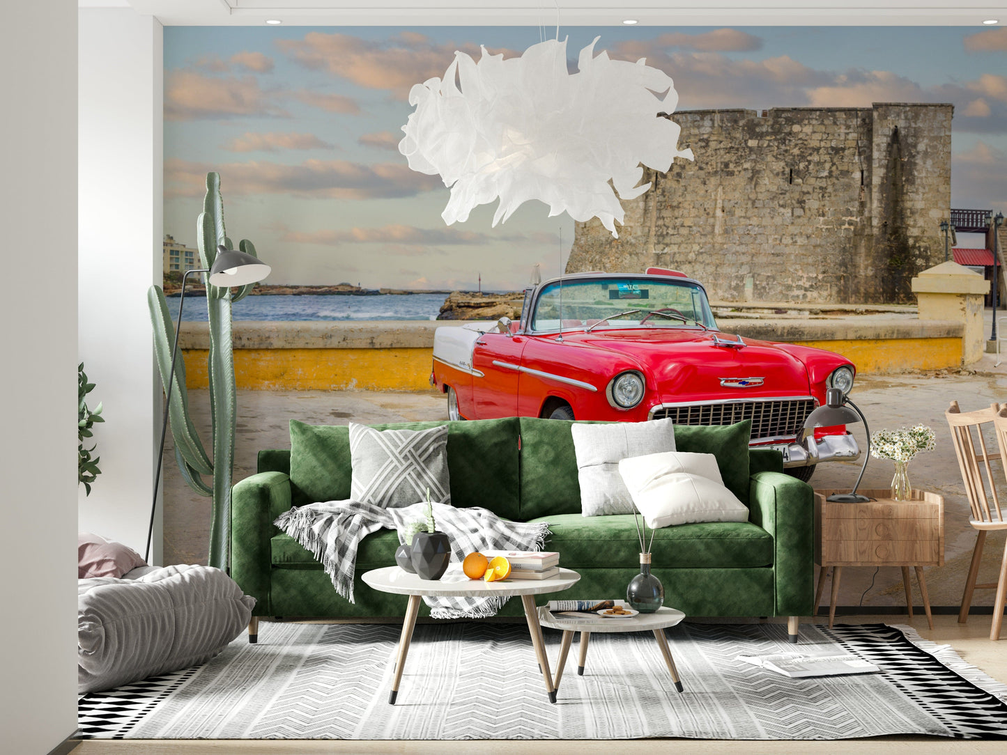 Hallway feature wall mural, retro Havana car, old town architecture, warm neutrals
