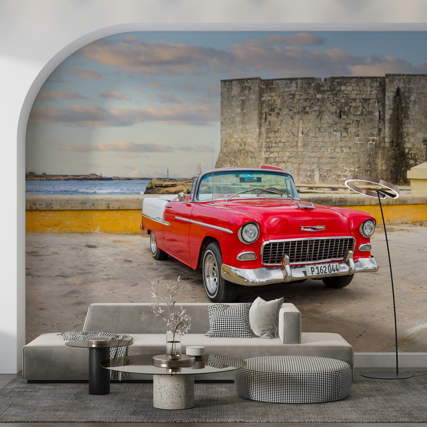 Dining room wall decor mural of Havana vintage car, sunset light, mid-century style