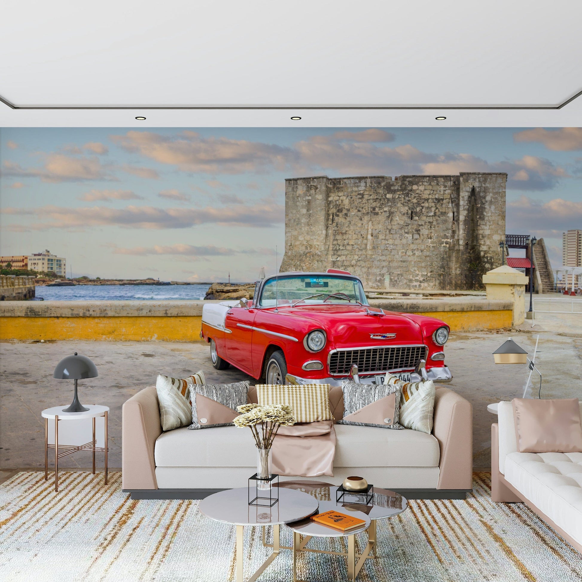 Kids room mural with classic Havana car, bright color street, playful travel theme