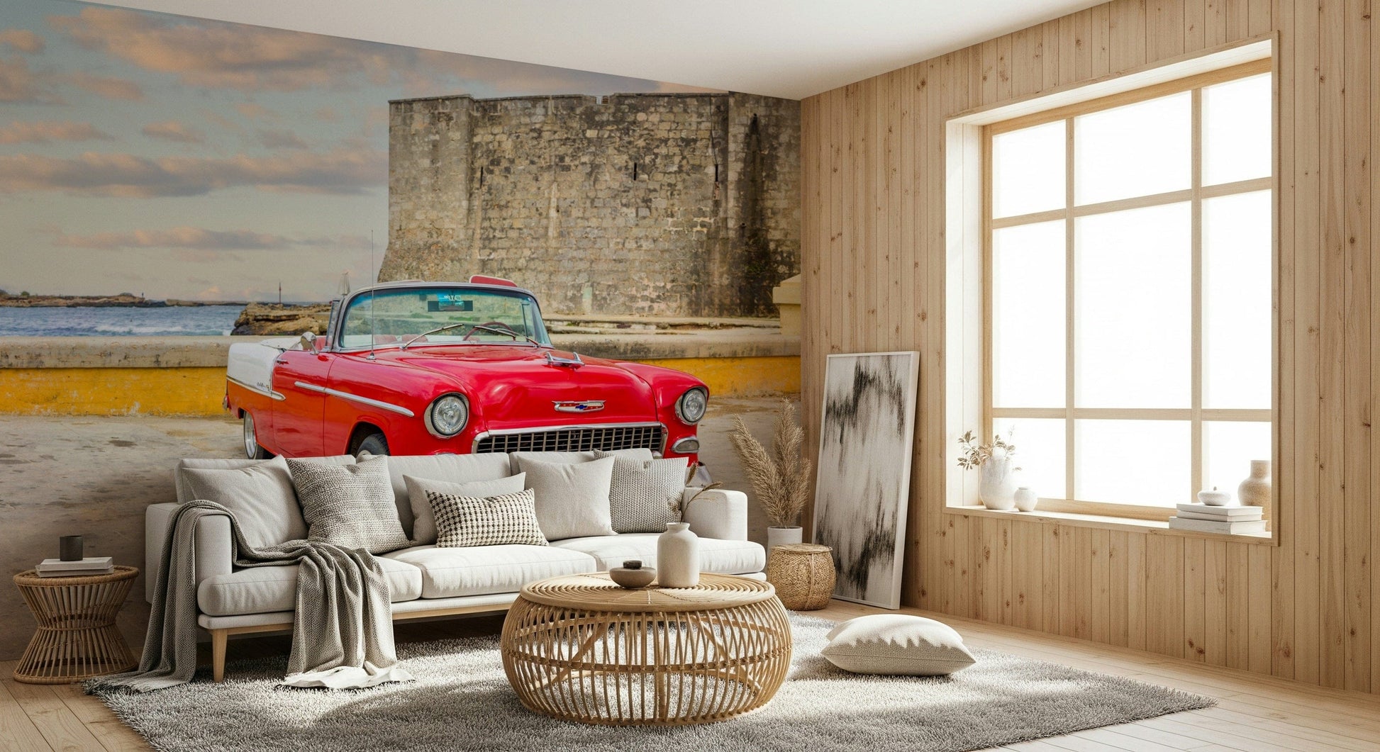 Bedroom headboard wall mural, Havana street with vintage car, cinematic photo look