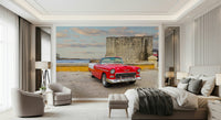 Havana street mural with vintage car, living room feature wall, warm color photo style