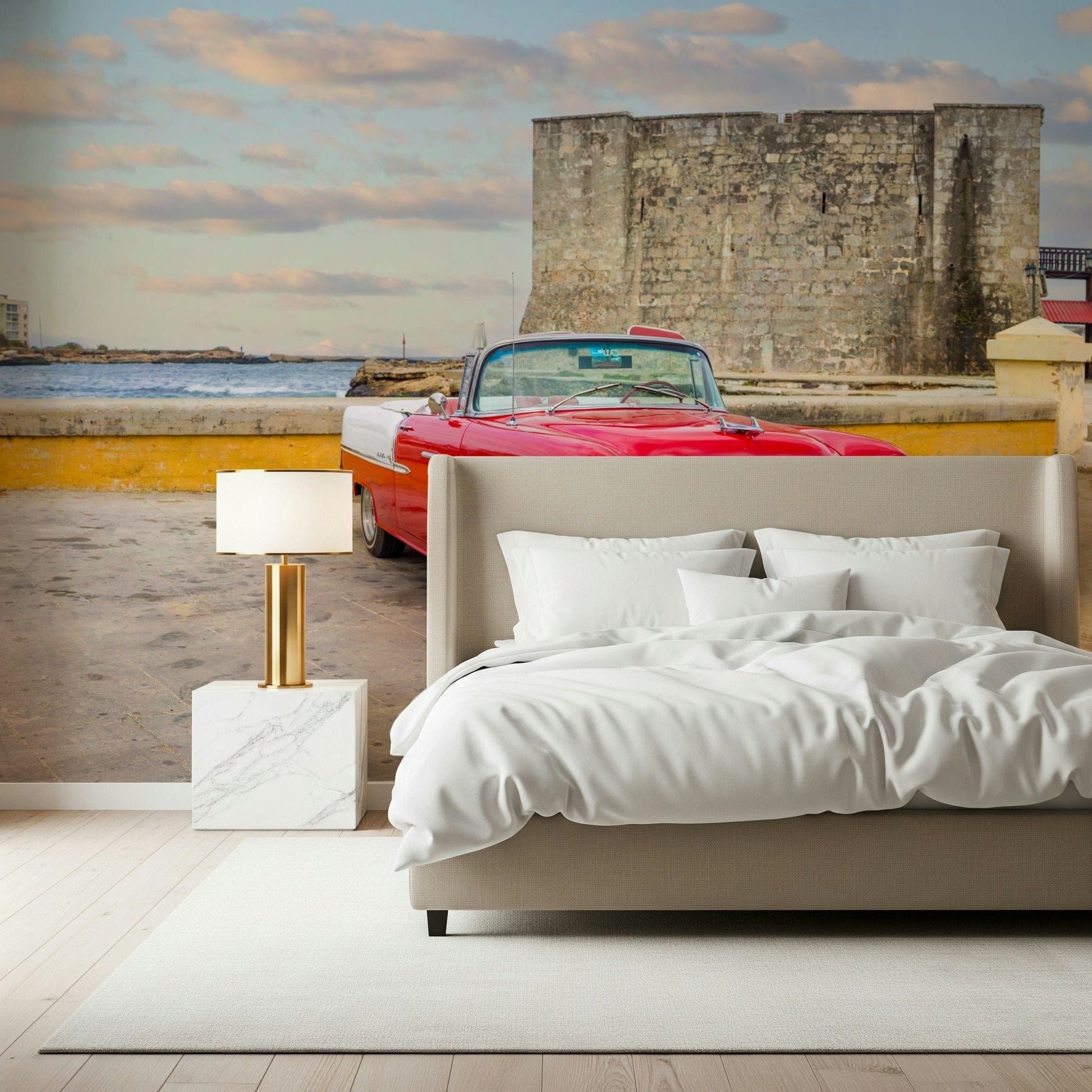 Havana's Retro Ride Wall Mural on office feature wall, vintage car, pastel buildings