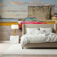 Havana's Retro Ride Wall Mural on office feature wall, vintage car, pastel buildings