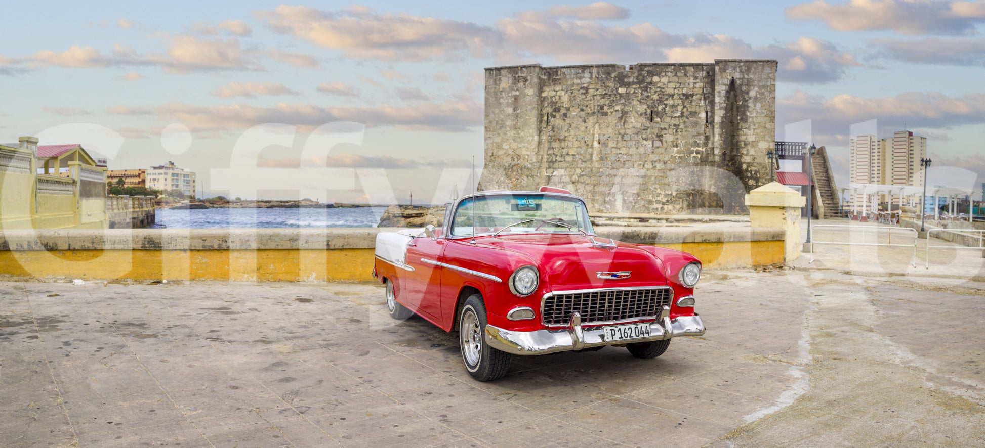 Entryway mural with Havana vintage car, travel photography style, warm color palette