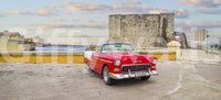 Entryway mural with Havana vintage car, travel photography style, warm color palette