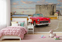 Retro classic car wall mural in modern apartment bedroom, Cuban street scene, teal tones