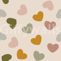 A harmonious mix of small hearts in earthy, muted colors creating a charming decorative wallpaper.