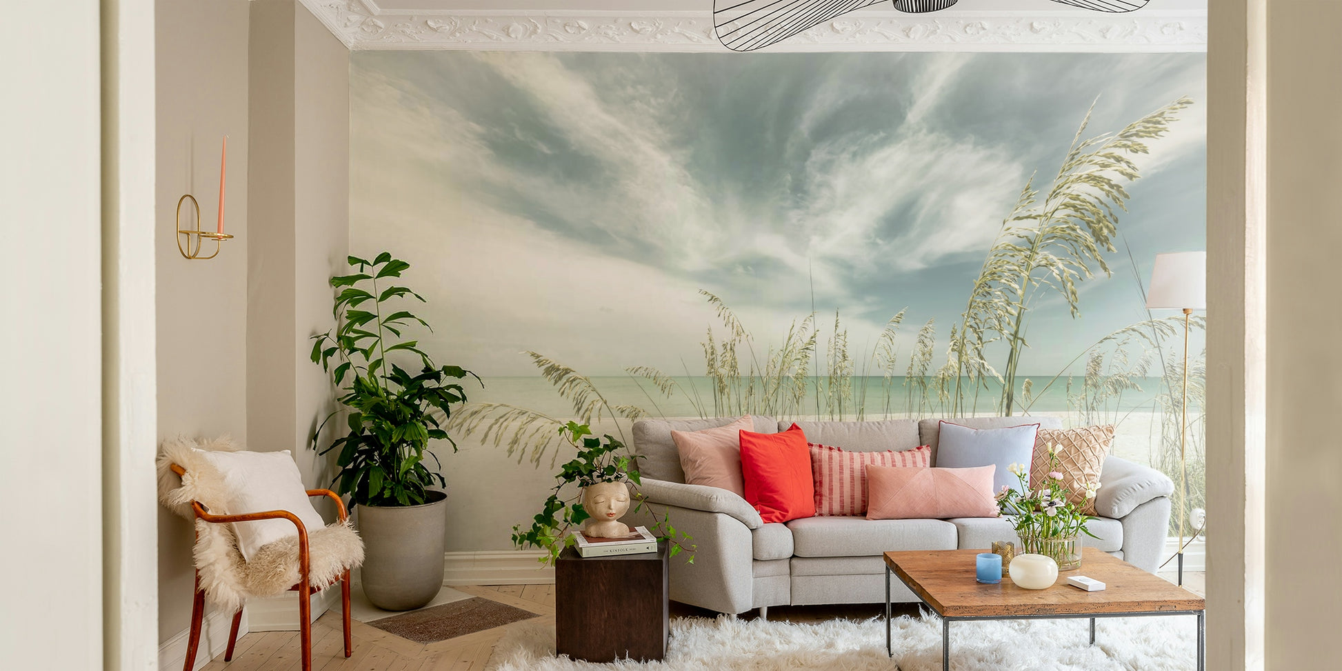 Vintage beach scene wall mural for adding calmness to interiors.

