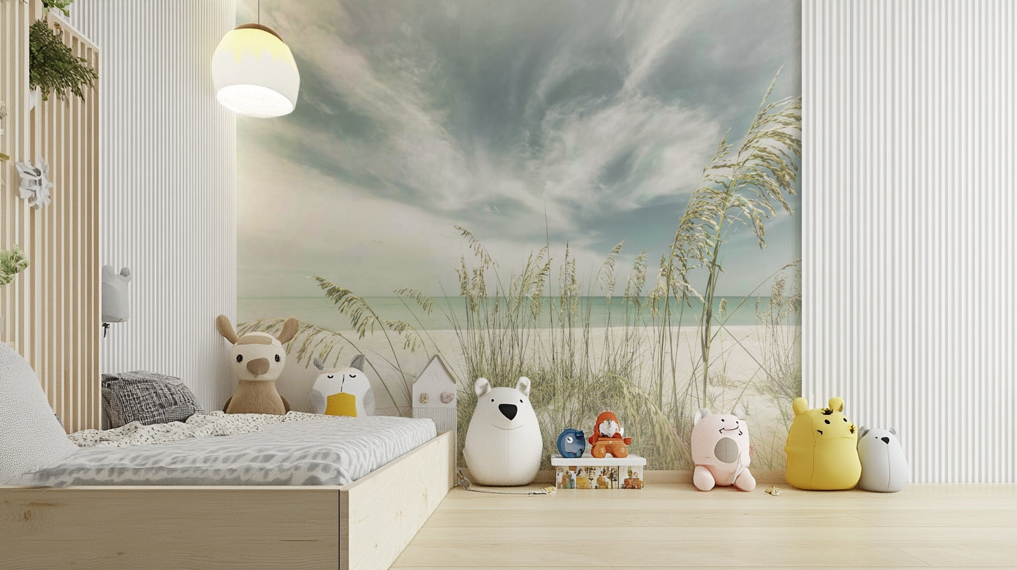 Calm beach scene mural for creating a peaceful, coastal atmosphere.

