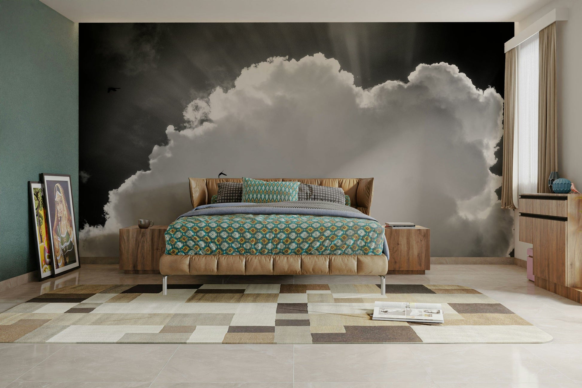 An artistic heavenly scene mural on minimalist wallpaper.

