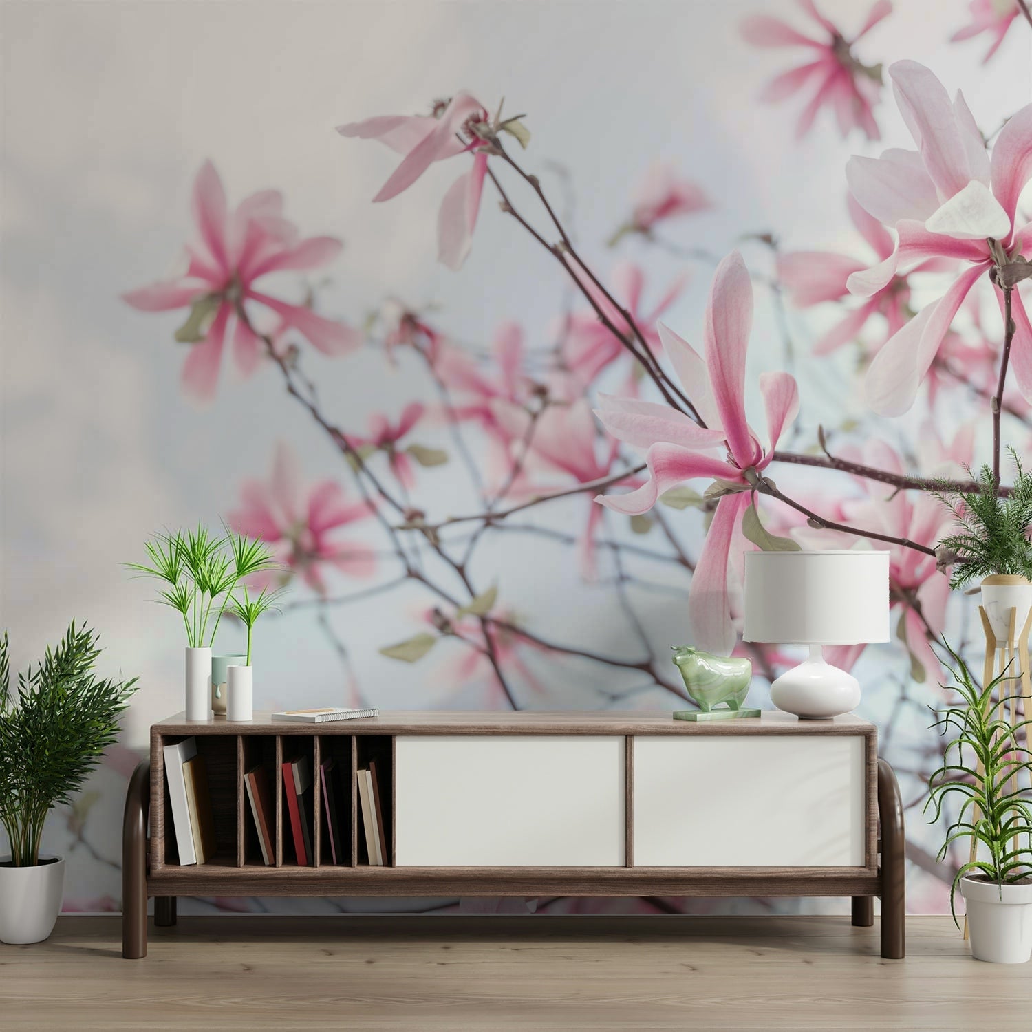 Soft pink magnolia blossoms wall mural for peaceful vibes

