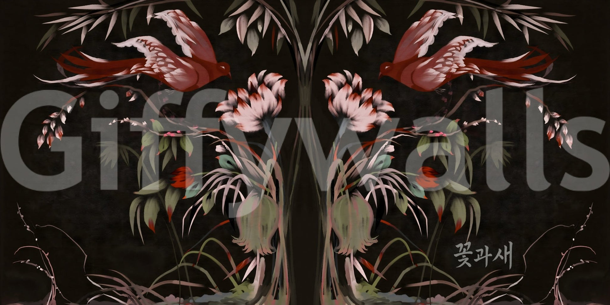 Elegant bird mural for a powder room wall, subtle pattern and soft color