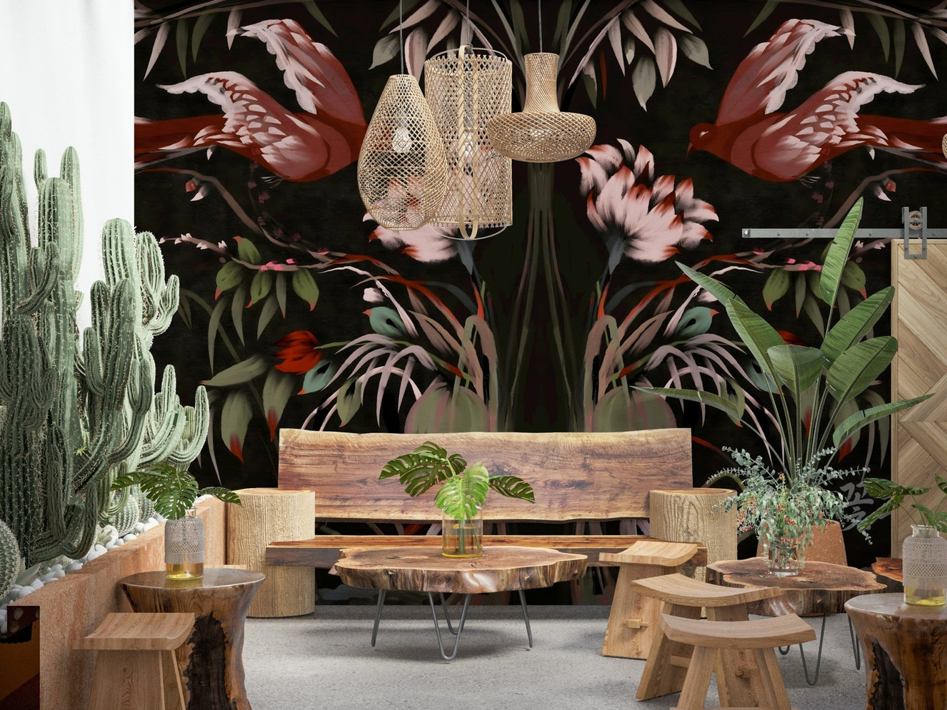 Joseon-inspired bird mural with soft ink florals for a modern living room feature wall