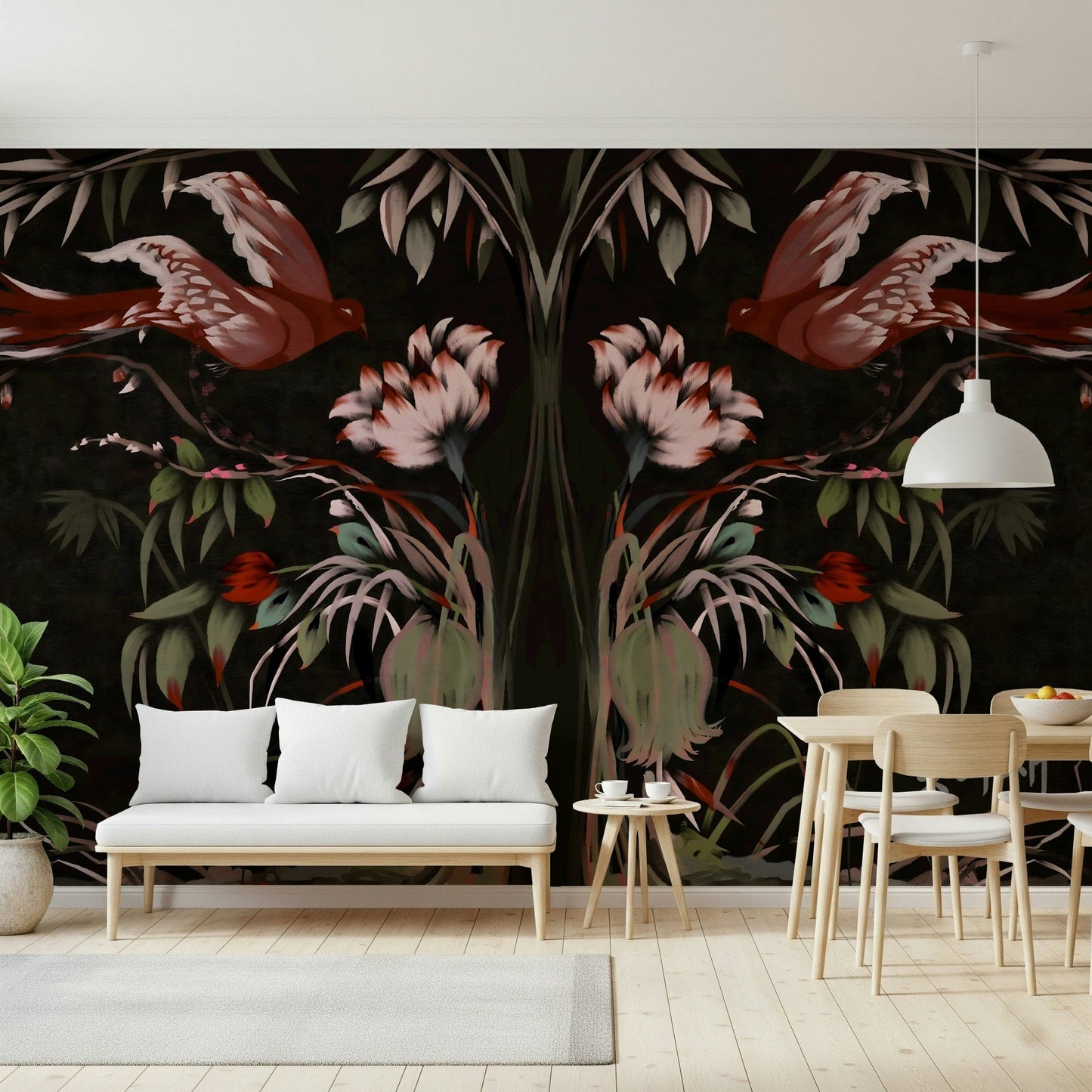Traditional bird and branch mural in muted color tones for a calm bedroom wall