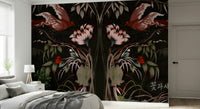 Vintage-inspired bird mural with soft color washes for a modern guest bedroom