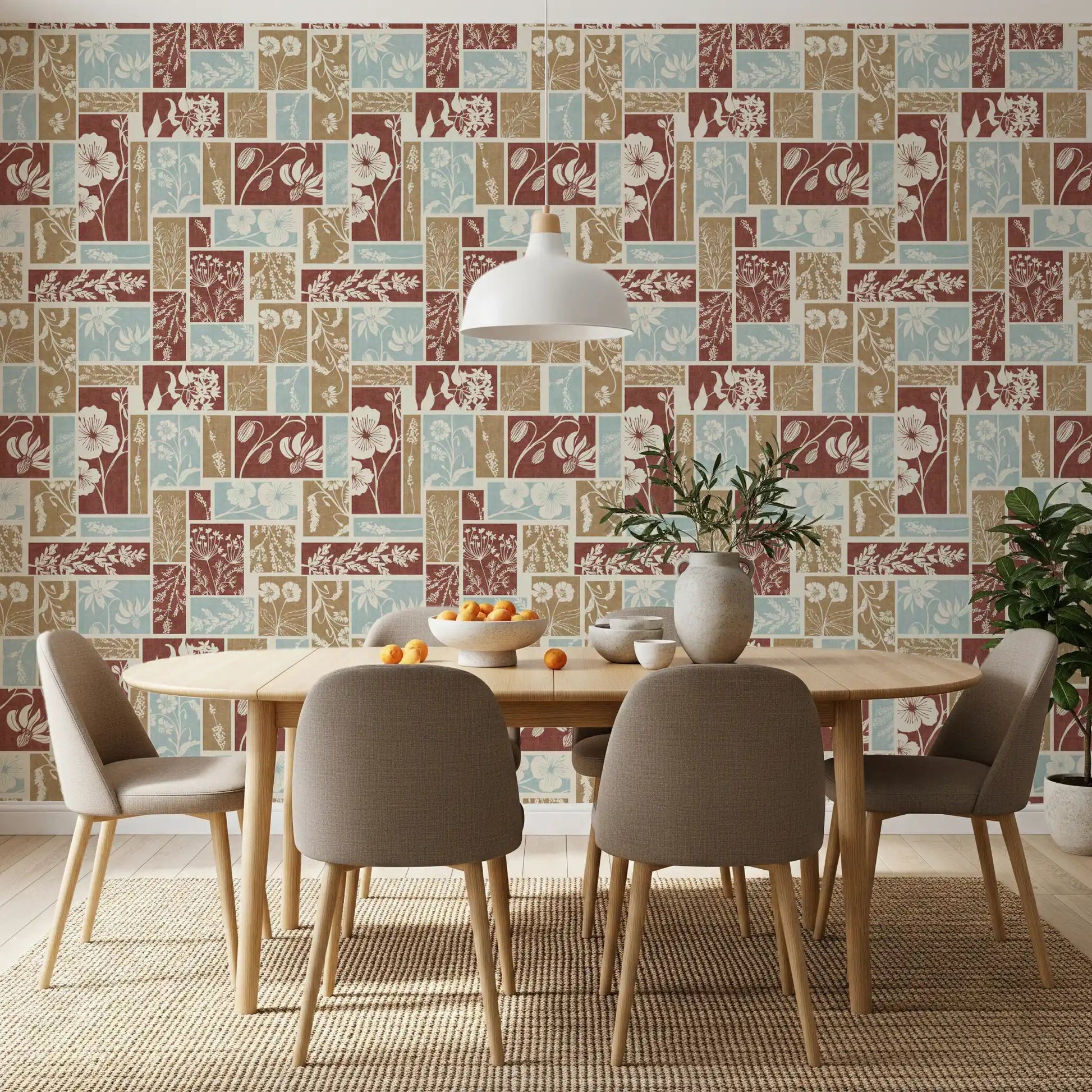 Textured floral wallpaper with soft earthy colors