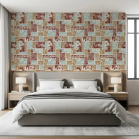 Bedroom botanical patchwork wallpaper with soft colors
