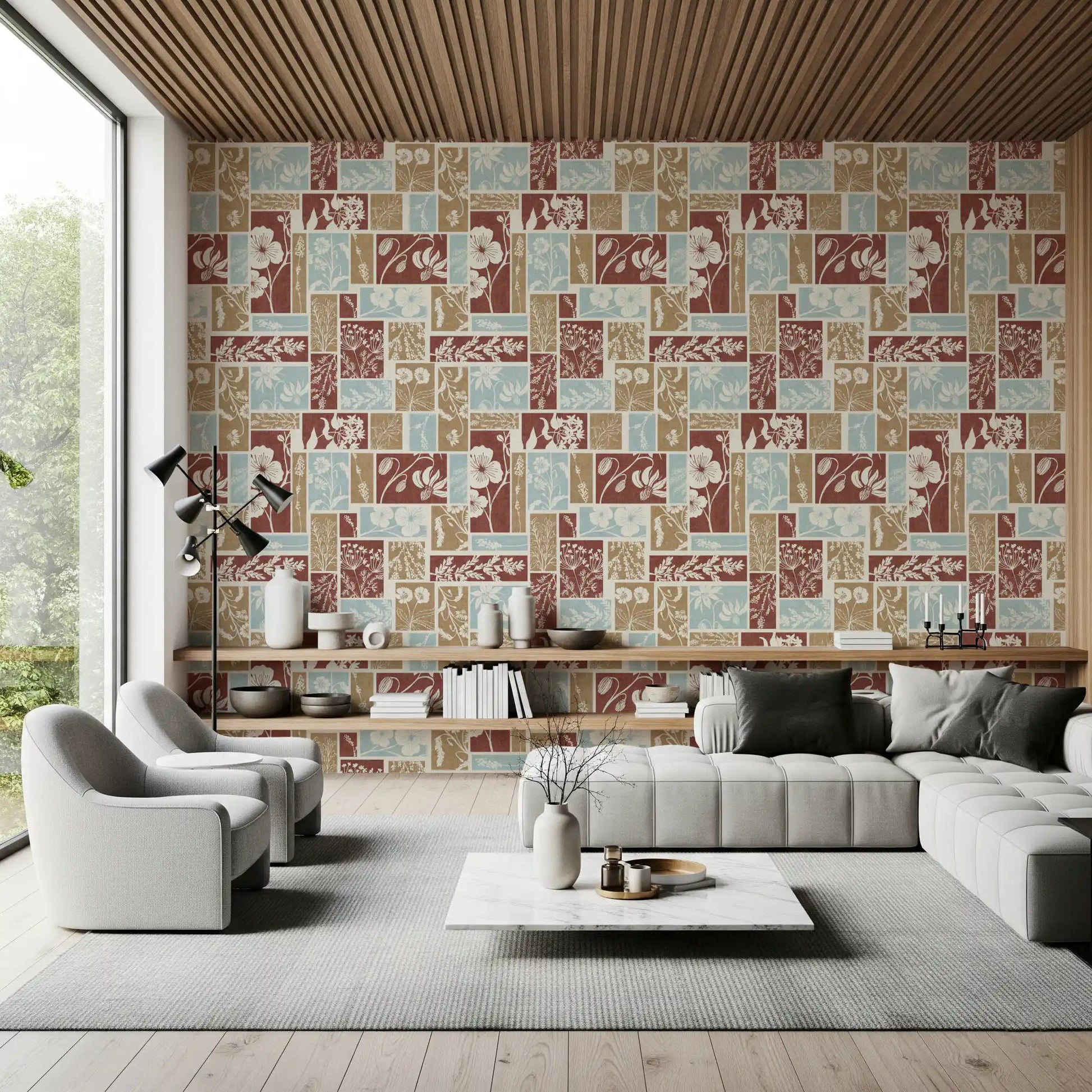 Rustic floral wallpaper with terracotta and blue tones