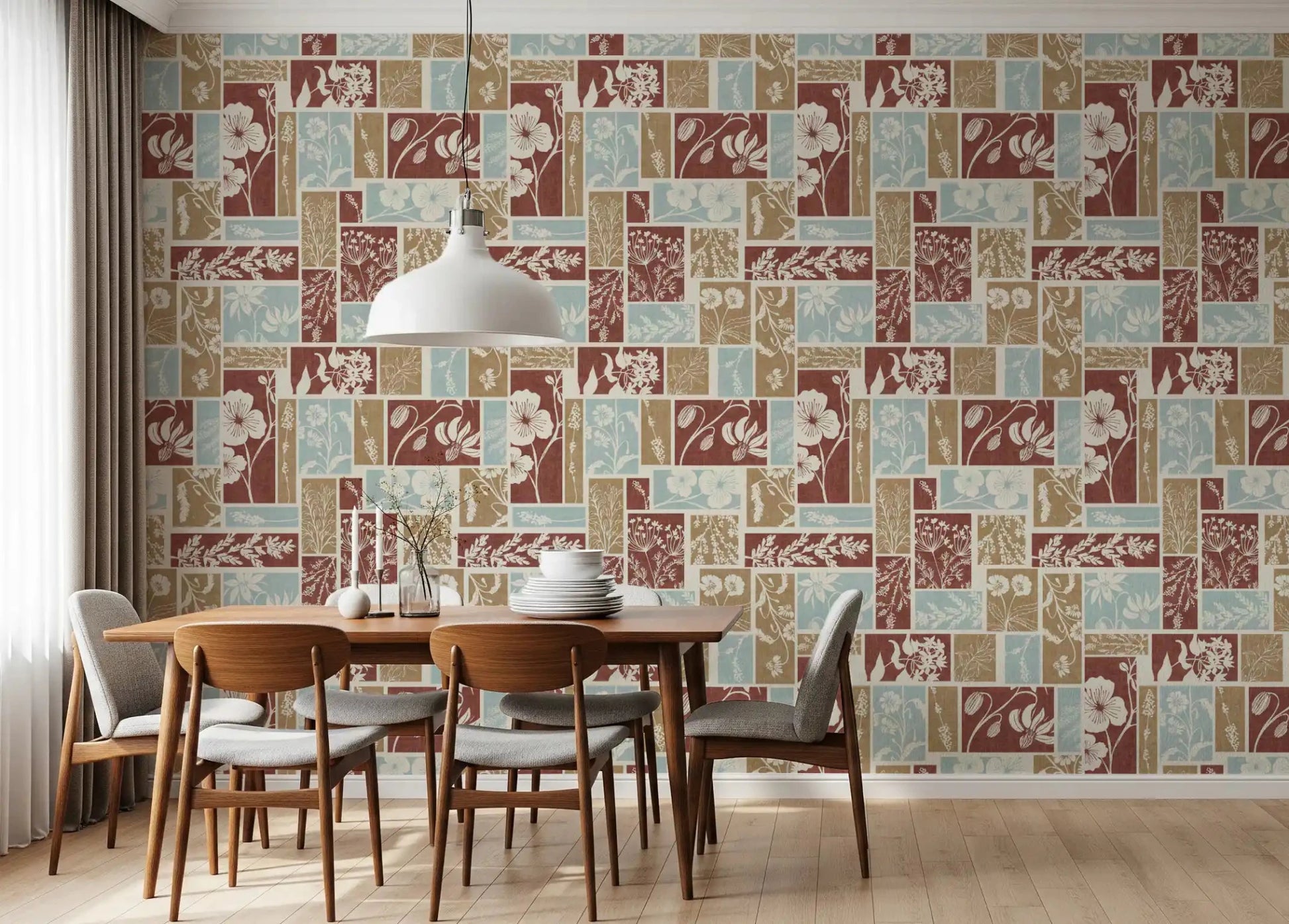 Dining room botanical wallpaper with patchwork design
