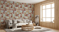 Living room floral patchwork wallpaper with rustic tones