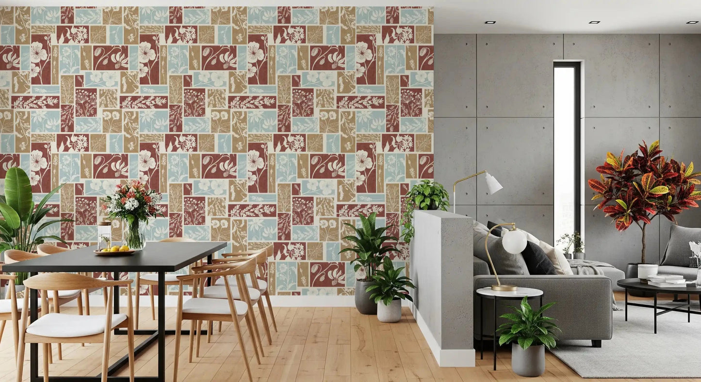 Hallway rustic floral wallpaper with textured blocks