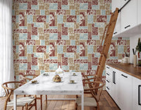 Heirloom botanical patchwork wallpaper with muted florals