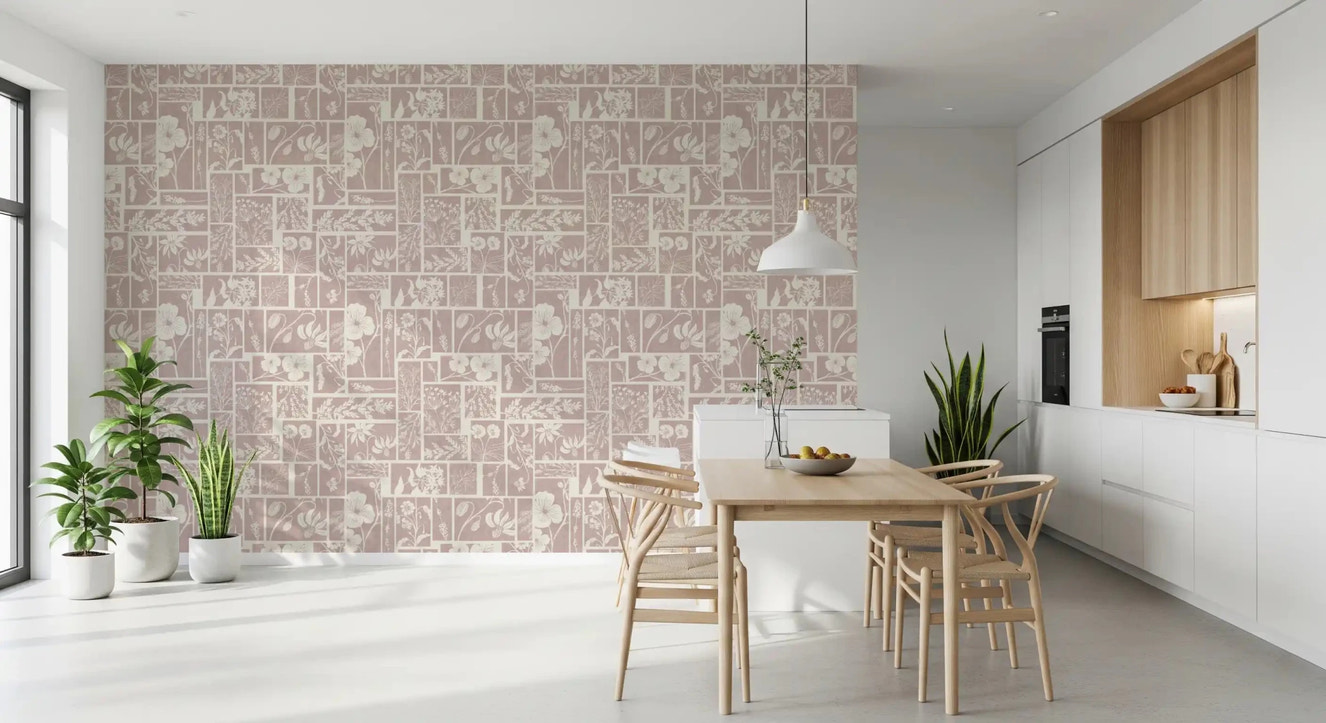 Soft floral wallpaper with white botanical designs, perfect for creating a peaceful Dining room.