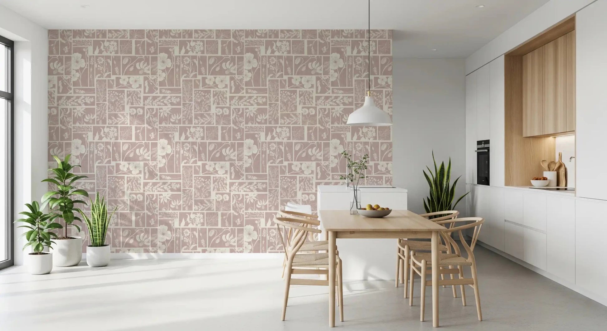 Soft floral wallpaper with white botanical designs, perfect for creating a peaceful Dining room.