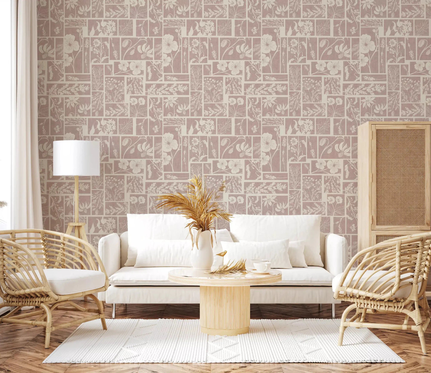 Delicate floral wallpaper with a muted pink background, ideal for a cozy living room.