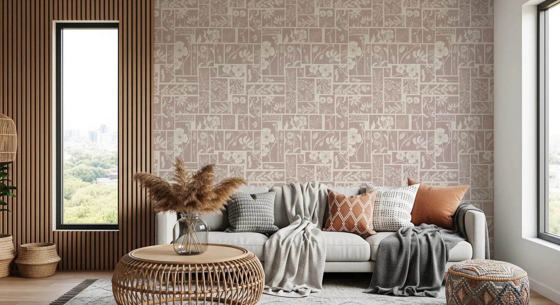 Timeless botanical wallpaper in soft pink, perfect for a calming living space.