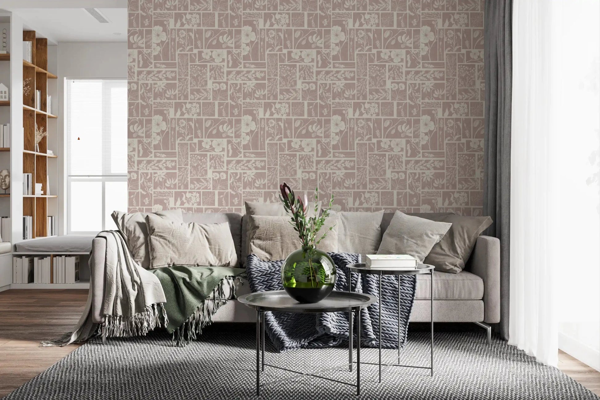 A vintage-inspired floral wallpaper with delicate patterns, perfect for a living room.