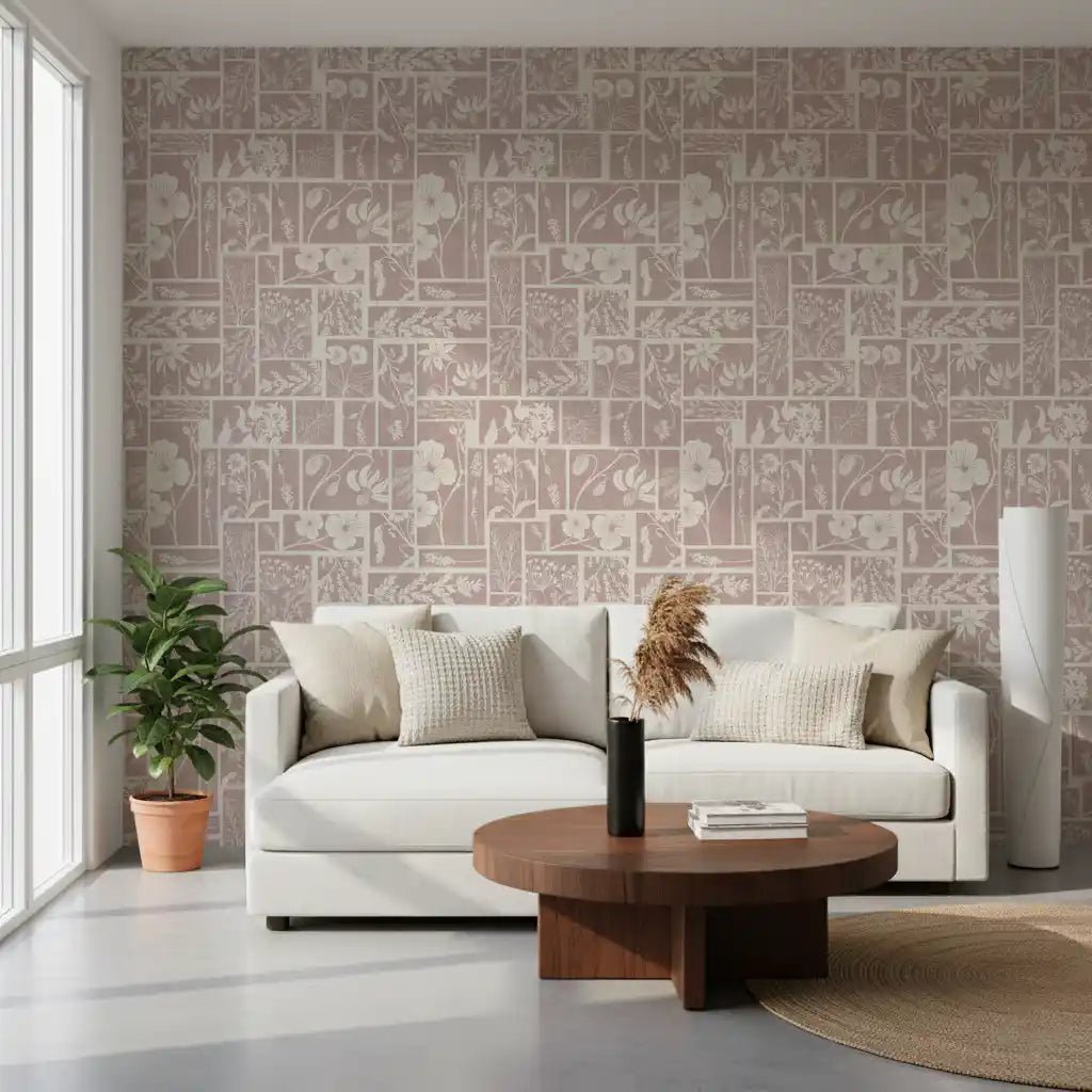 Elegant floral wallpaper with intricate white flower patterns, great for a modern home & office.