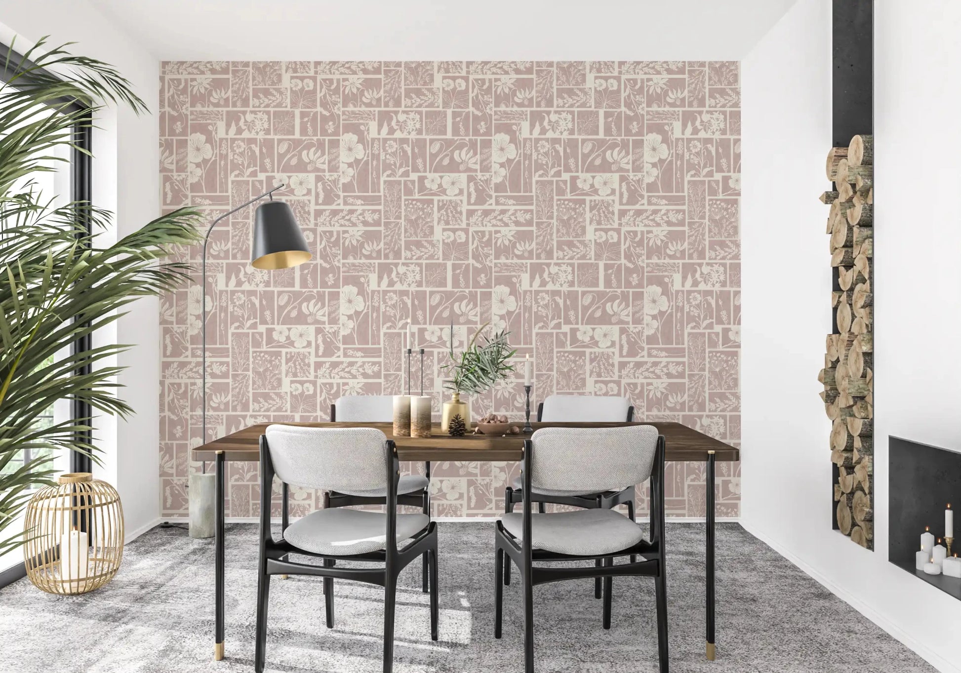 Subtle floral wallpaper with soft white illustrations, ideal for brightening up an Dining room.