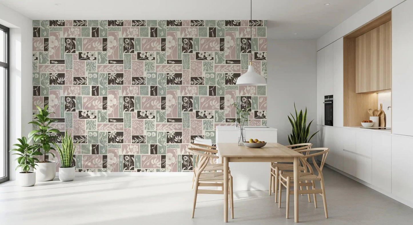 Muted floral patchwork wallpaper for Dining room with pastel panels