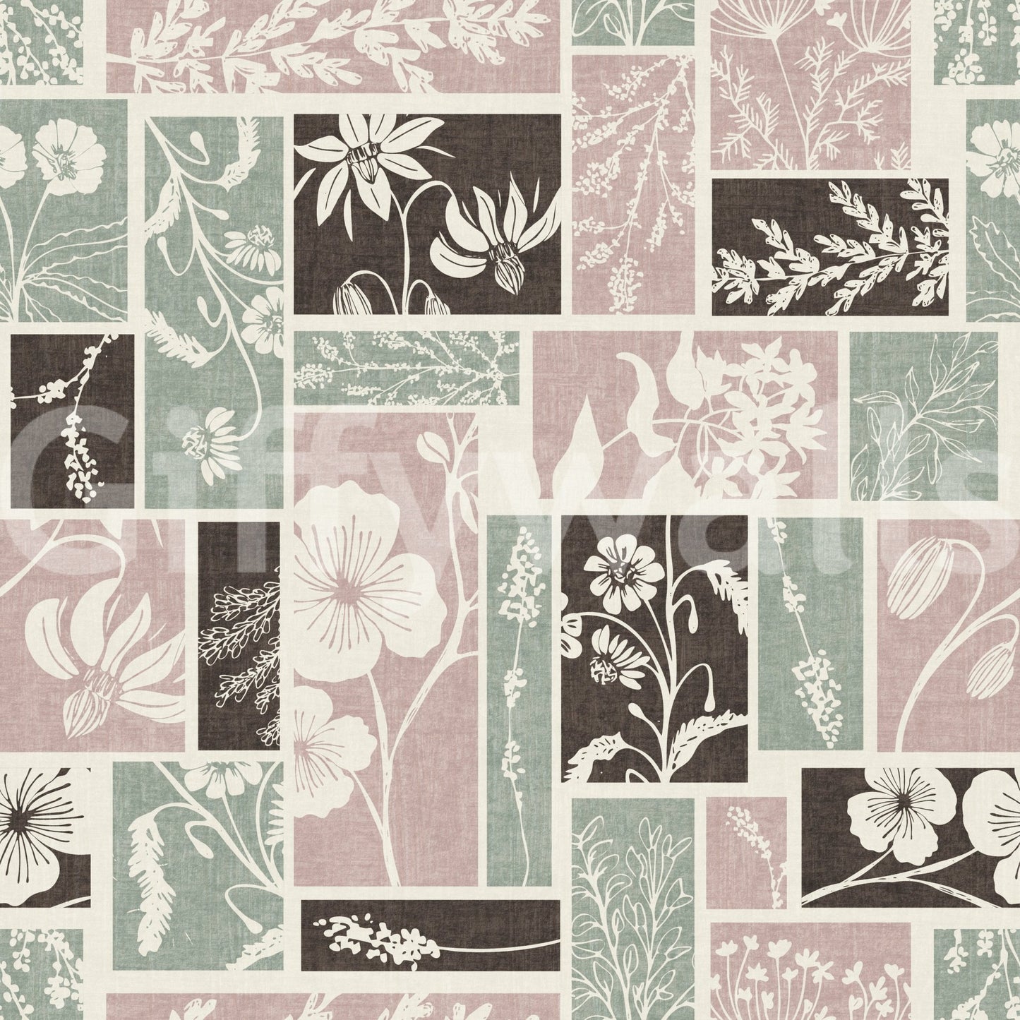 Heirloom floral patchwork wallpaper with soft blush and sage panels