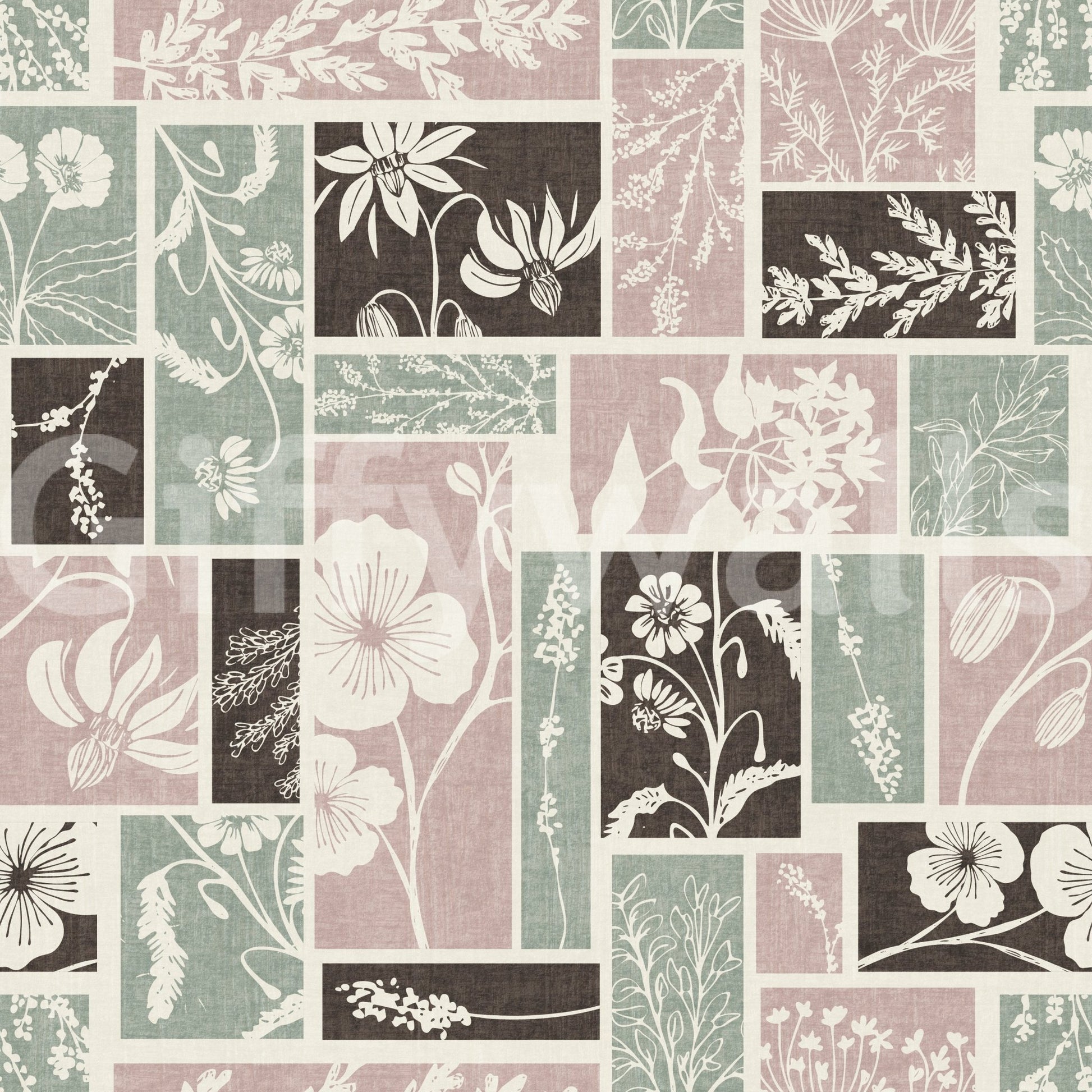 Heirloom floral patchwork wallpaper with soft blush and sage panels