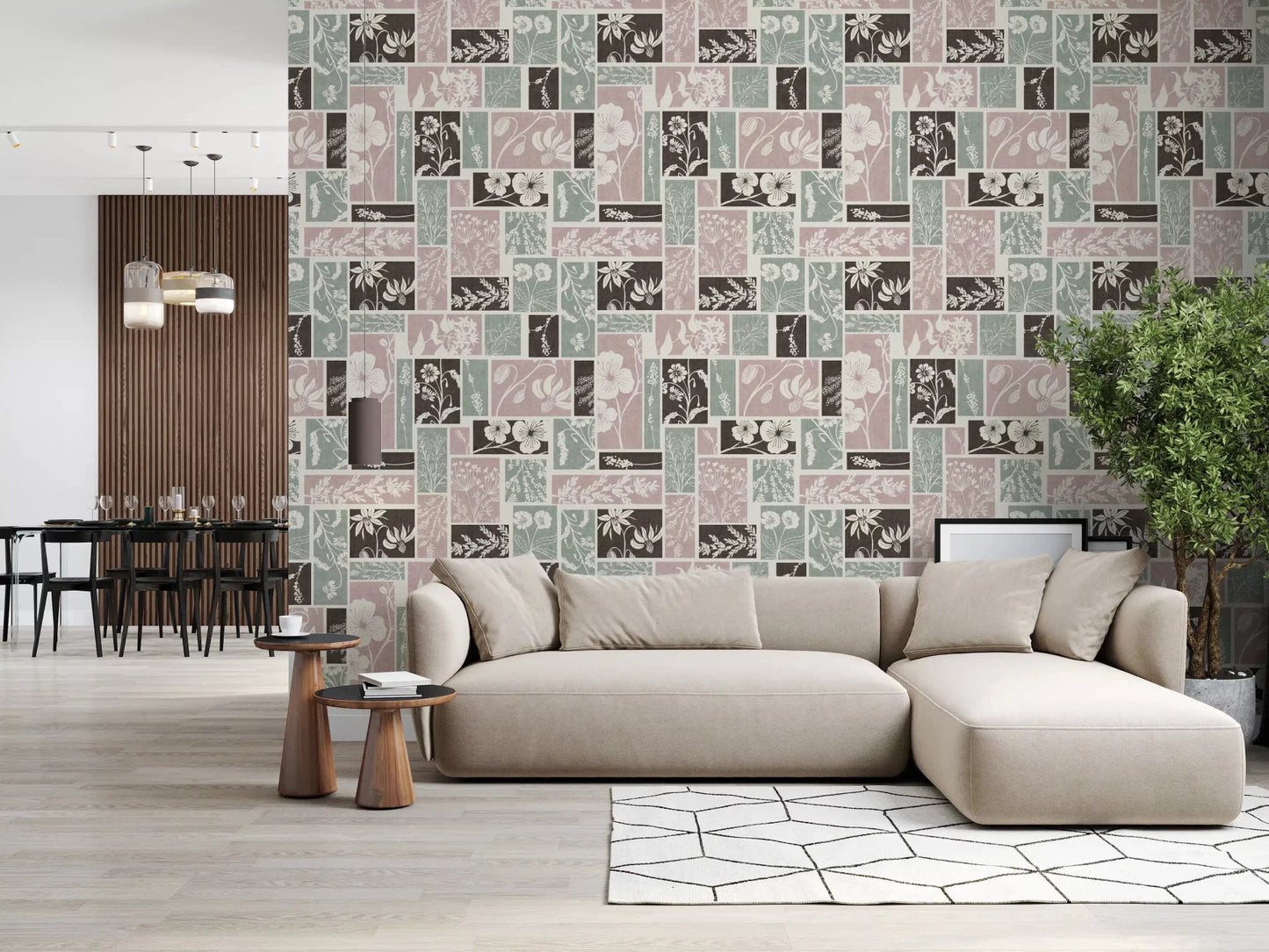 Floral block wallpaper for Living room walls with pastel colors