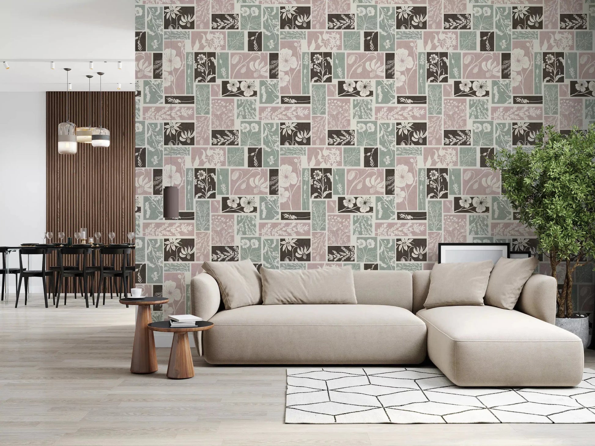 Floral block wallpaper for Living room walls with pastel colors