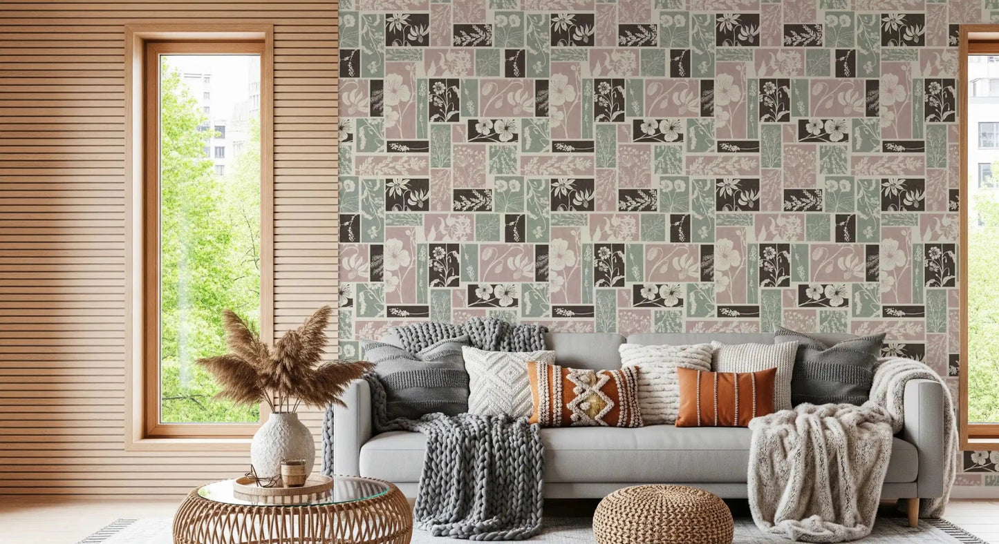 Botanical patchwork wallpaper for Living room with soft floral blocks