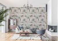 Patchwork floral wallpaper for home office with calm tones