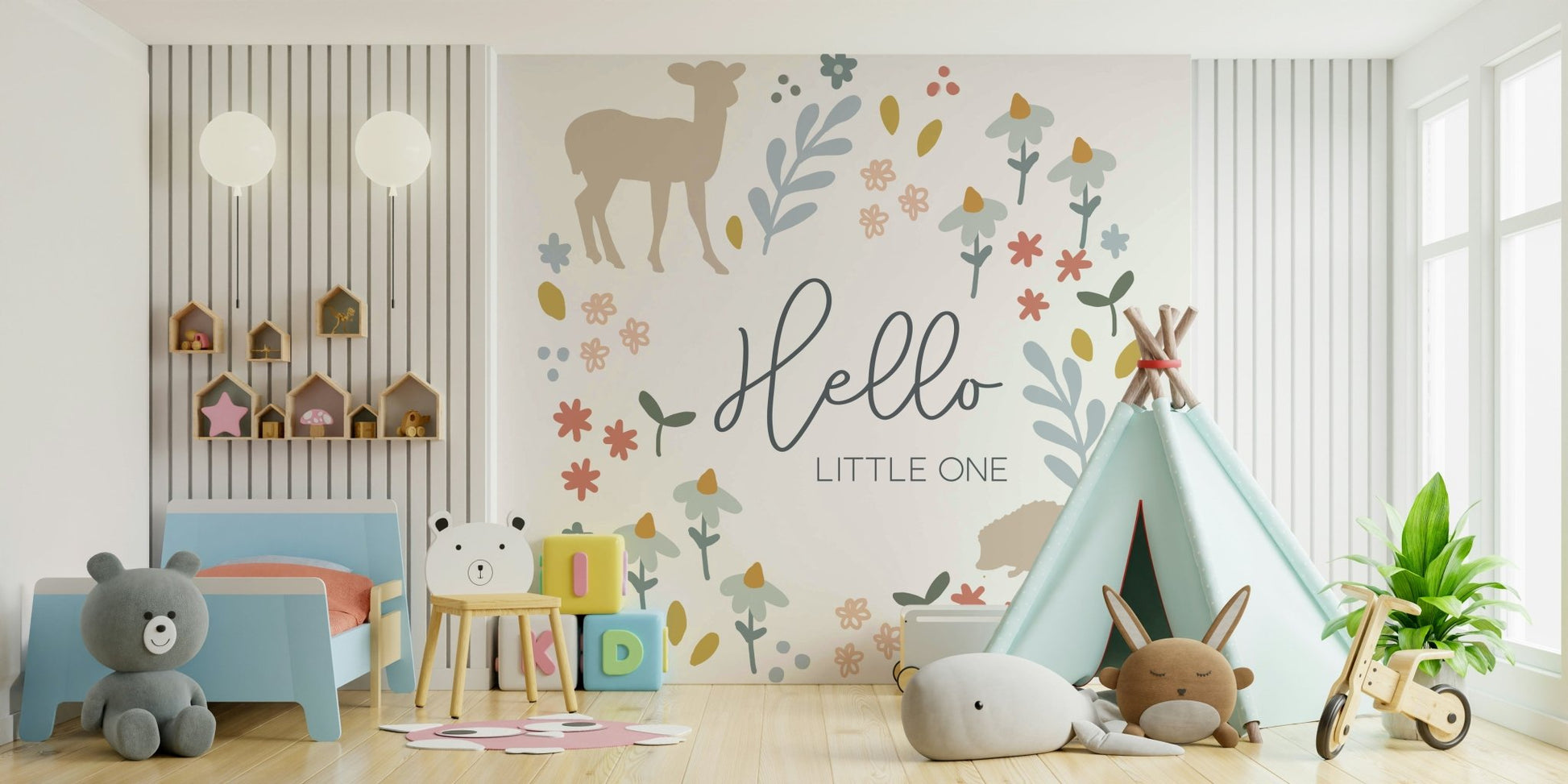 Woodland theme mural with soft, nature-inspired tones.

