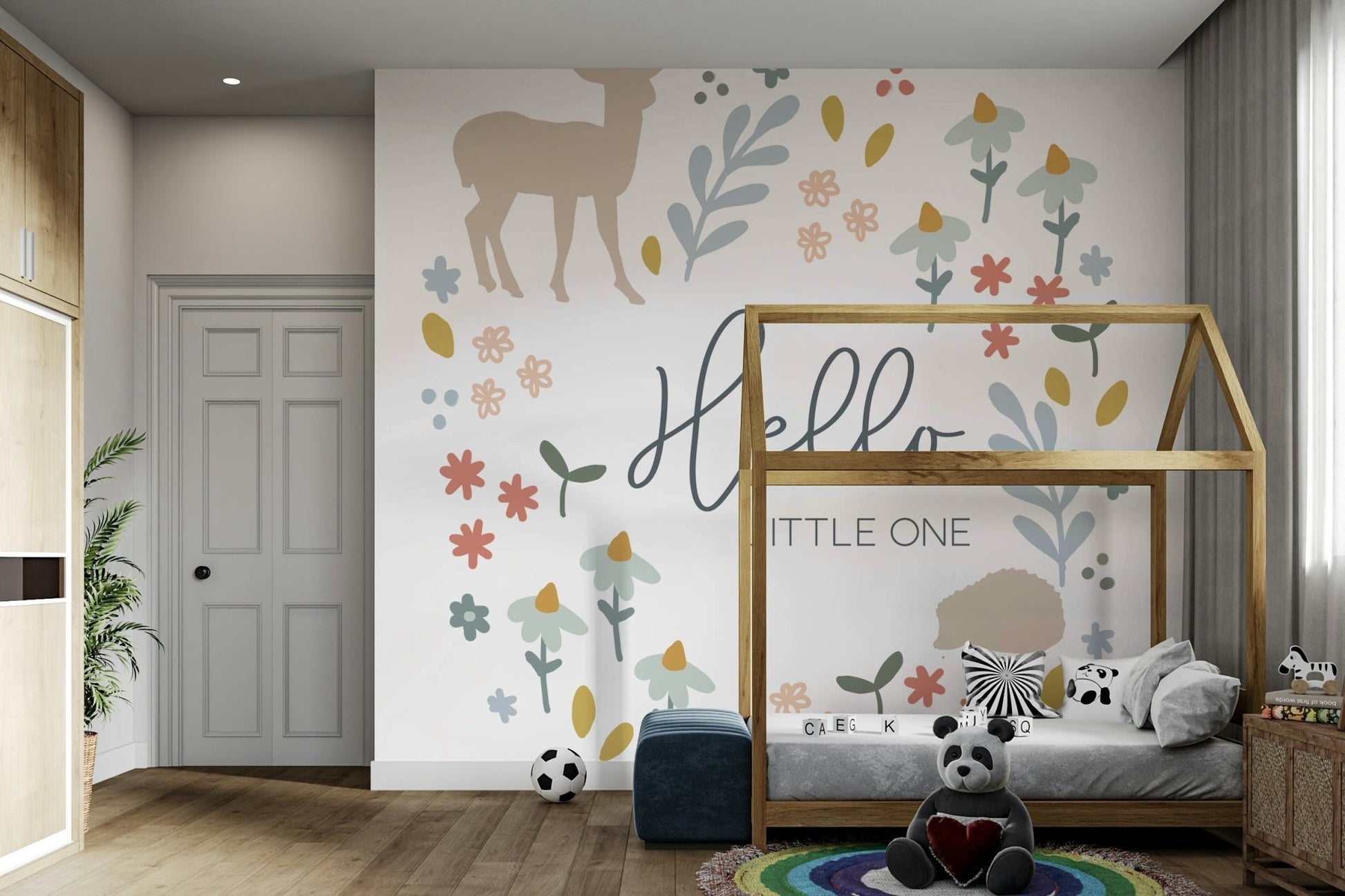 Nature-inspired "Hello Little One" wall mural for kids’ rooms.


