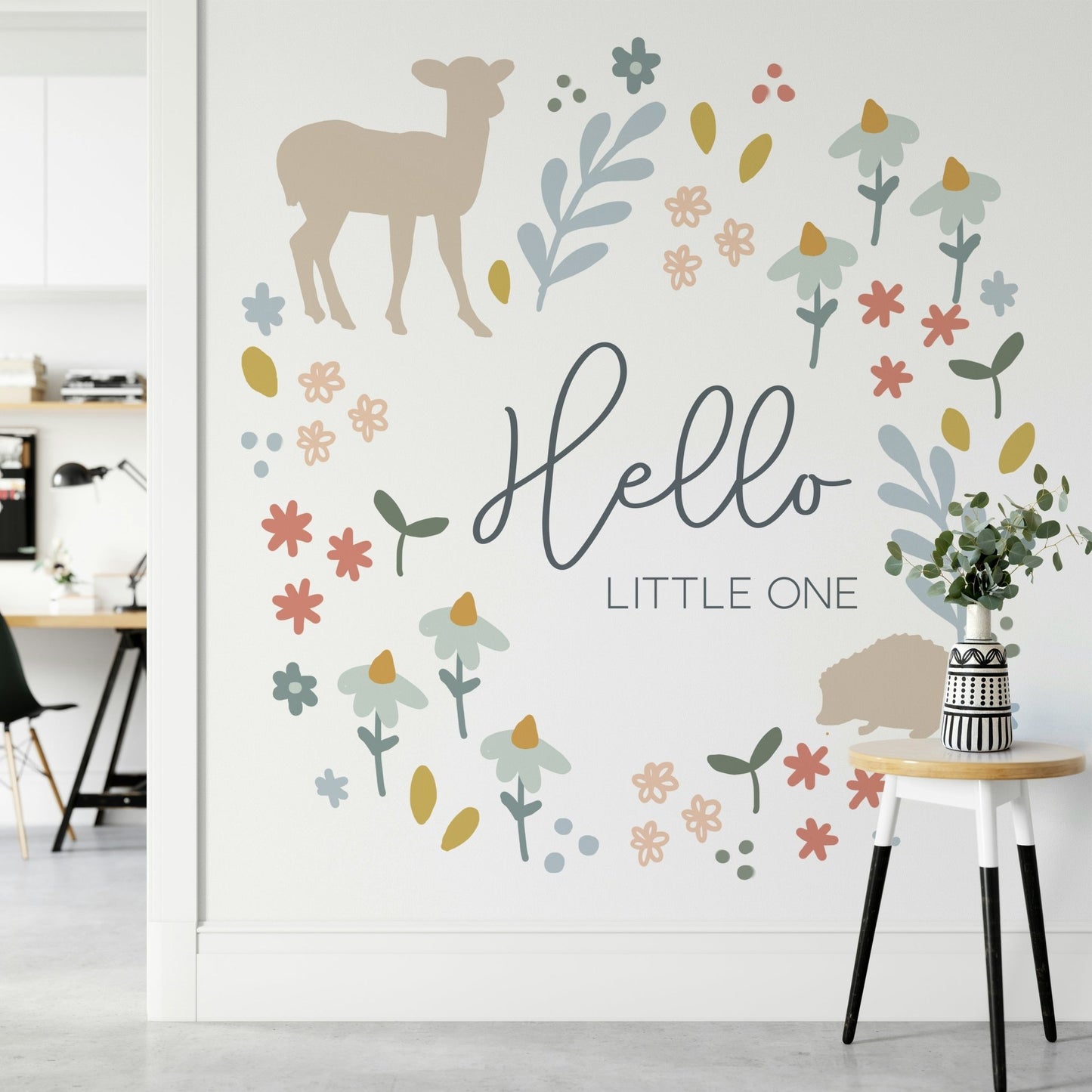 Playful forest animals in a soft, earthy tone mural.


