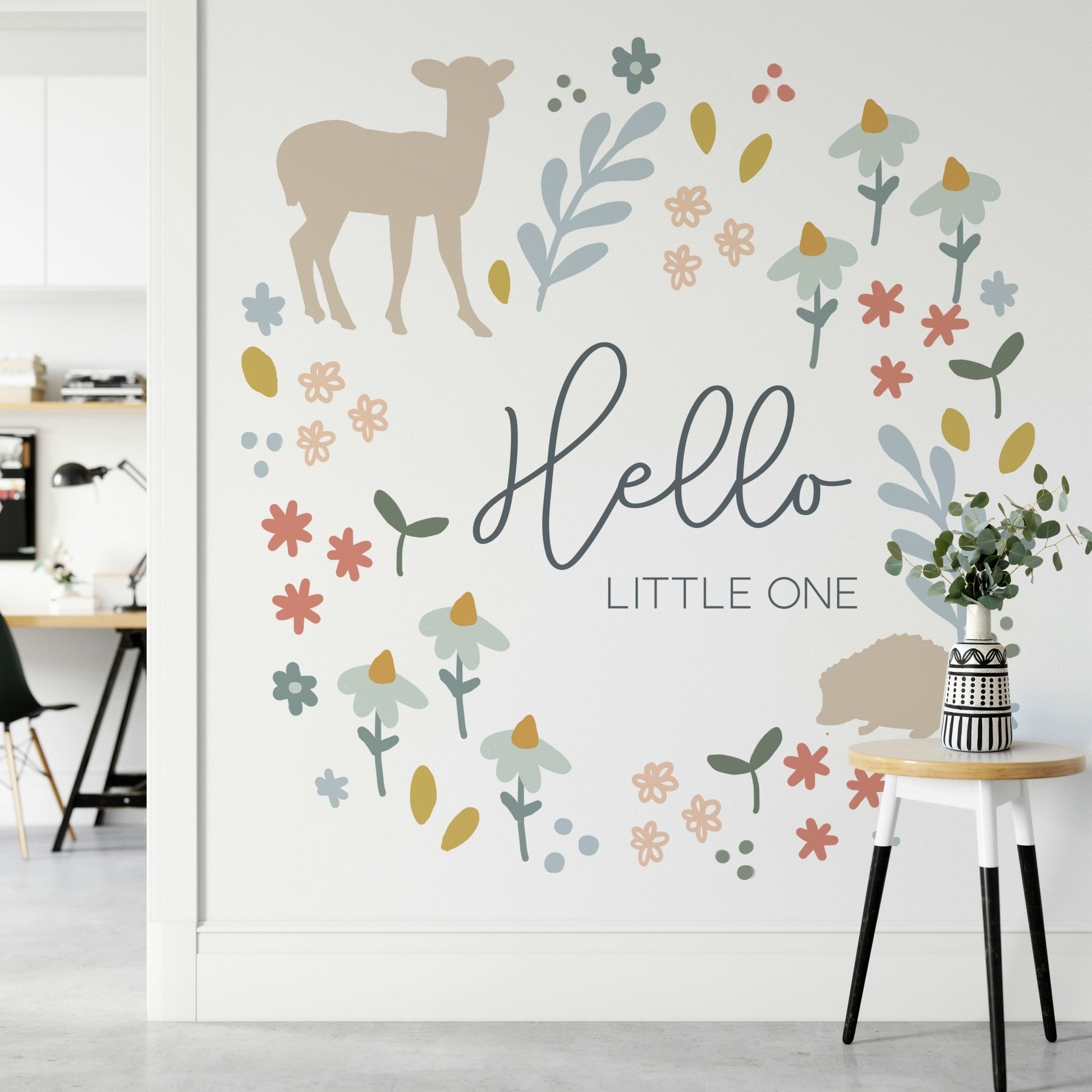 Playful forest animals in a soft, earthy tone mural.

