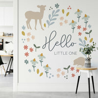 Playful forest animals in a soft, earthy tone mural.

