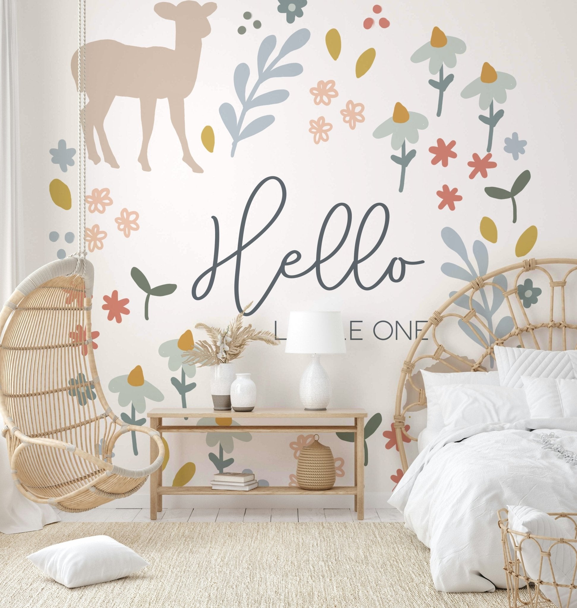 "Hello Little One" Woodland Mural with playful forest animals.

