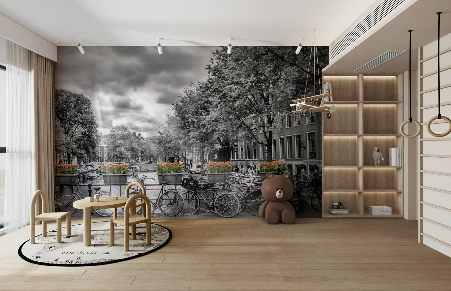 Bedroom wall featuring Herengracht night canal mural wallpaper


