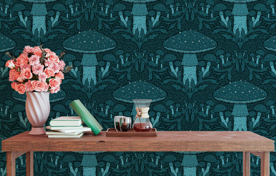 Elegant heritage mushroom blue wallpaper for timeless interiors.
