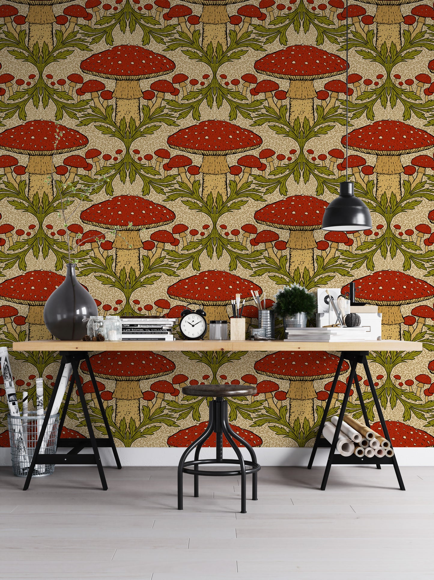 Artistic red heritage mushroom mural for unique wall styling.
