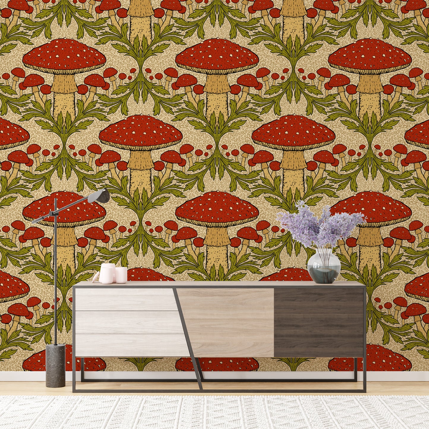 Charming red heritage mushroom wallpaper for cozy, vintage decor.
